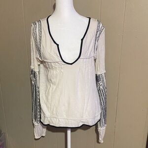 Free People Cream Long Sleeve Top with Black Accents